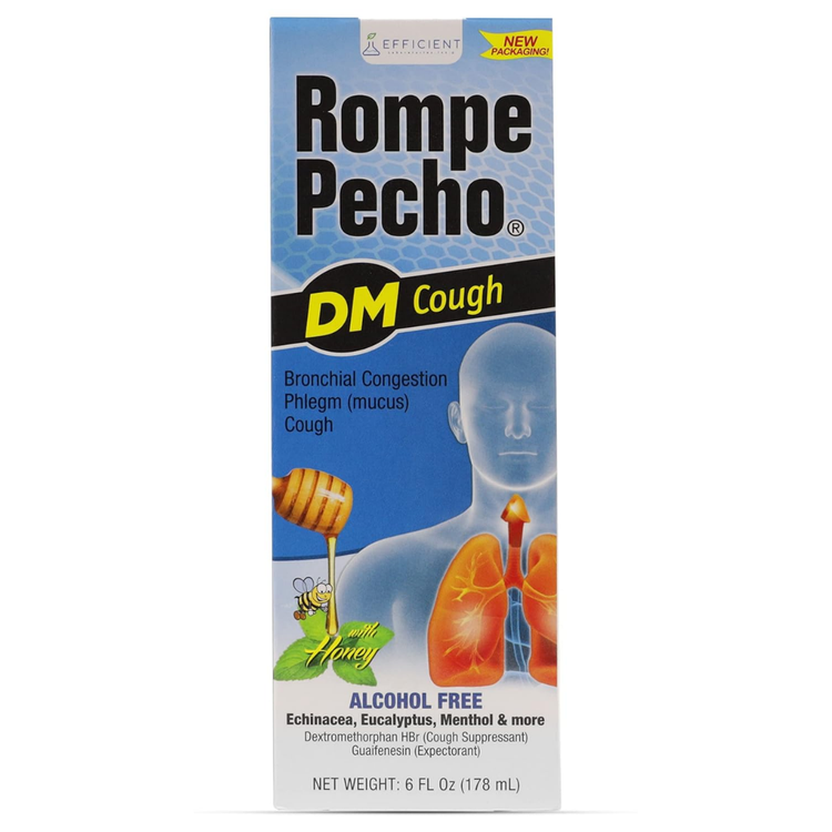 Farmacias Savia Rompe Pecho DM cough and cold syrup in 6oz bottle, expectorant for congestion relief and respiratory support.