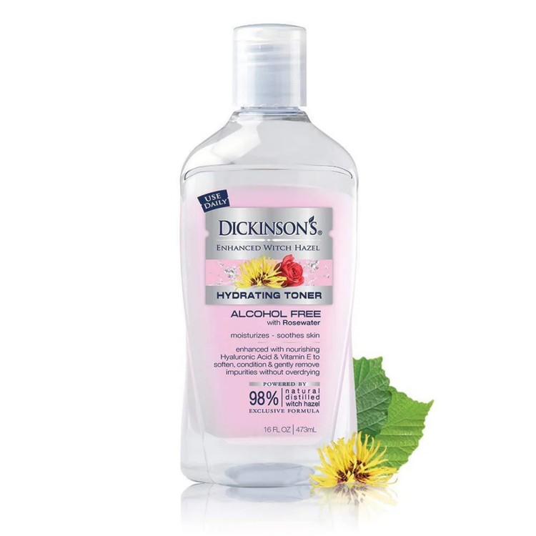 Farmacias Savia Dickinson’s Hydrating Toner with Witch Hazel and Rosewater in a 16oz bottle, clear liquid with label visible.