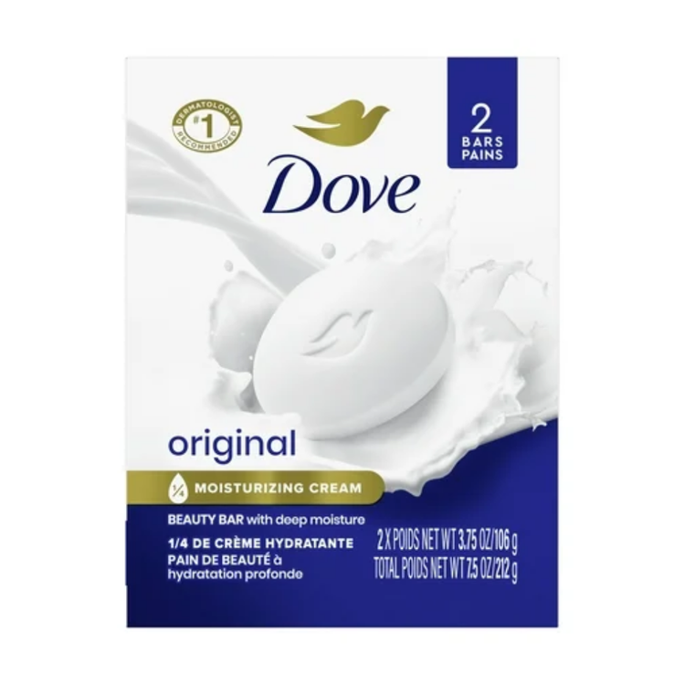 Dove Original Beauty Bar Soap for soft, smooth skin, 2-pack with 1/4 moisturizing cream, 3.75 oz each, in white packaging