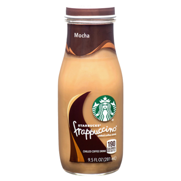 Starbucks Frappuccino Mocha coffee drink in a 9.5oz bottle, displayed with coffee and chocolate flavor elements.