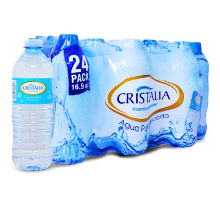 Cristalia Premium Water 16.9oz bottles, 24-pack, clear plastic bottles with blue caps, arranged in a group.