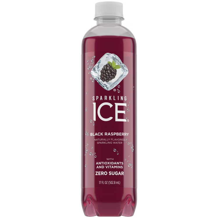 Black raspberry flavored sparkling water in a 17oz bottle from Sparkling Ice, displayed with the La Comprita branding.