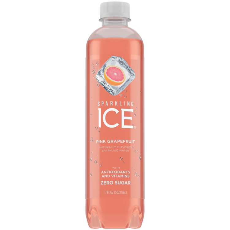 Sparkling Ice Pink Grapefruit flavored sparkling water in a 17oz can, with bright pink and citrus imagery on the label.