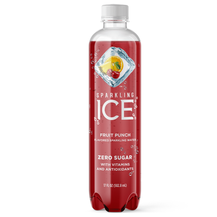 Sparkling Ice Fruit Punch flavored sparkling water in a 17oz La Comprita bottle, with colorful fruit punch branding.