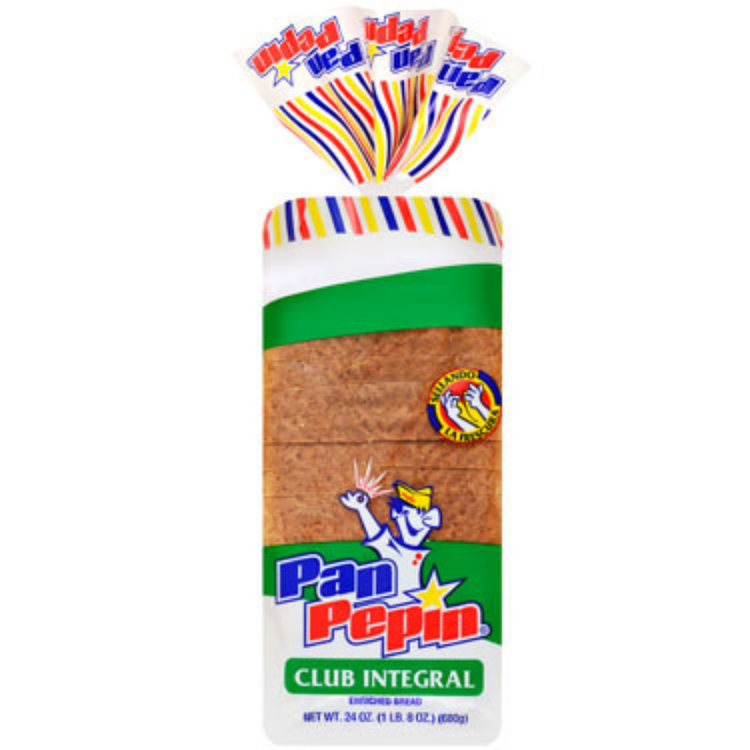 Whole wheat Pan Pepín bread by Farmacias Savia, 24oz, showing fresh, sliced whole wheat bread in a clear plastic bag.