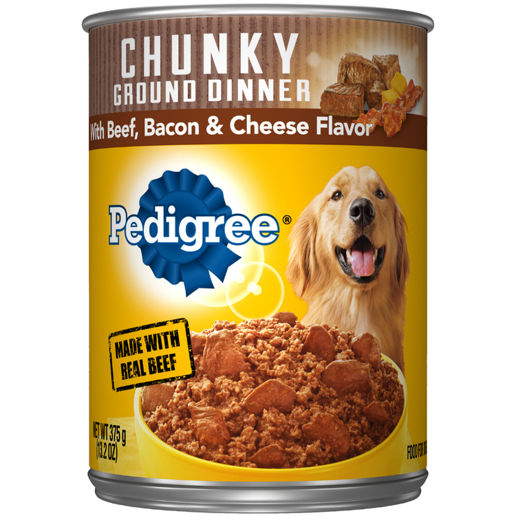 Canned Pedigree Chopped Ground Dog Food with beef, bacon, and cheese in 13.2oz size, featuring a colorful label and dog food image