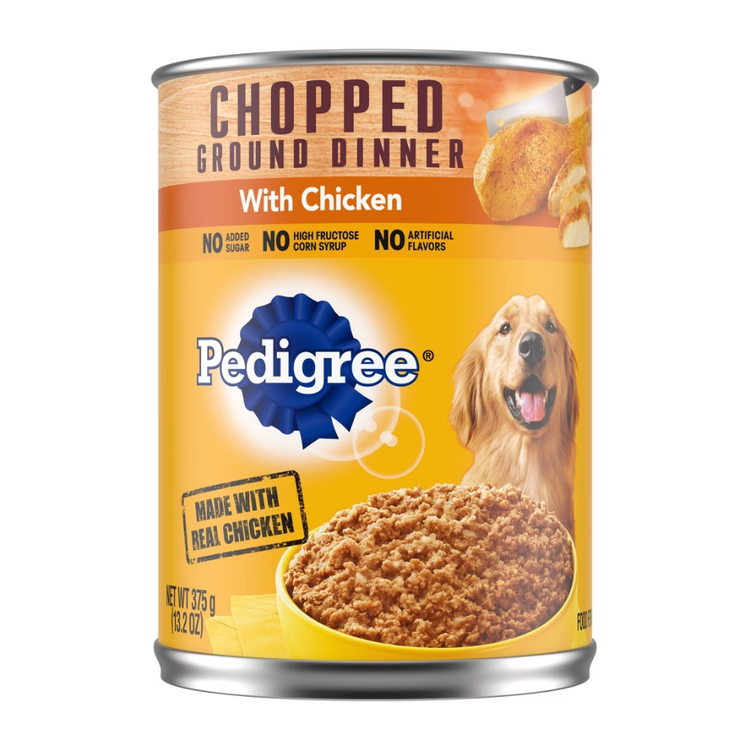 Canned Pedigree Chopped Ground Dinner with Chicken wet dog food in 13.2oz can, made by Farmacias Savia, showing the product label.