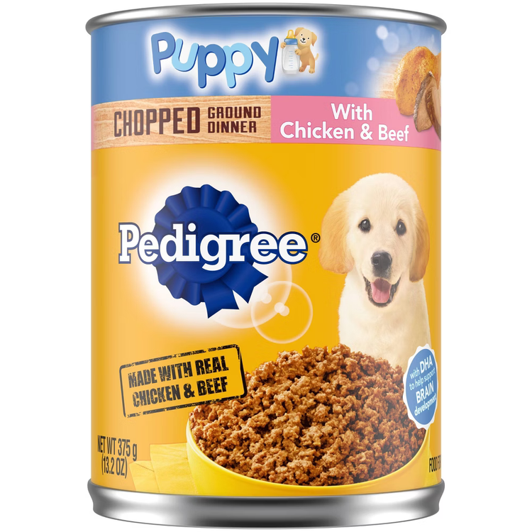 Pedigree Puppy Chopped Ground Dinner with Chicken and Beef wet dog food in 13.2oz can, suitable for puppies.