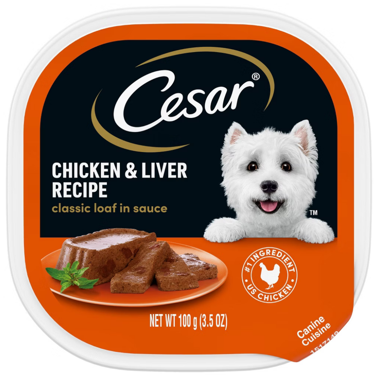 Cesar Classic Loaf in Sauce Chicken & Liver Recipe canned dog food by Farmacias Savia, showing the 3.5oz can with chicken and liver flavor.