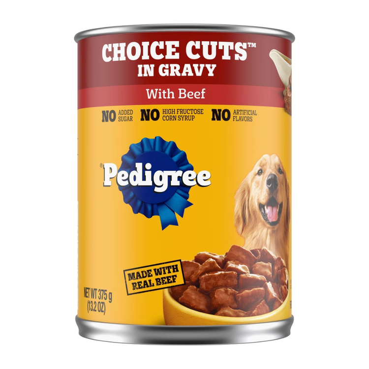 Canned Pedigree Choice Cuts in Gravy with Beef wet dog food in 13.2 oz can, featuring beef chunks in savory gravy.