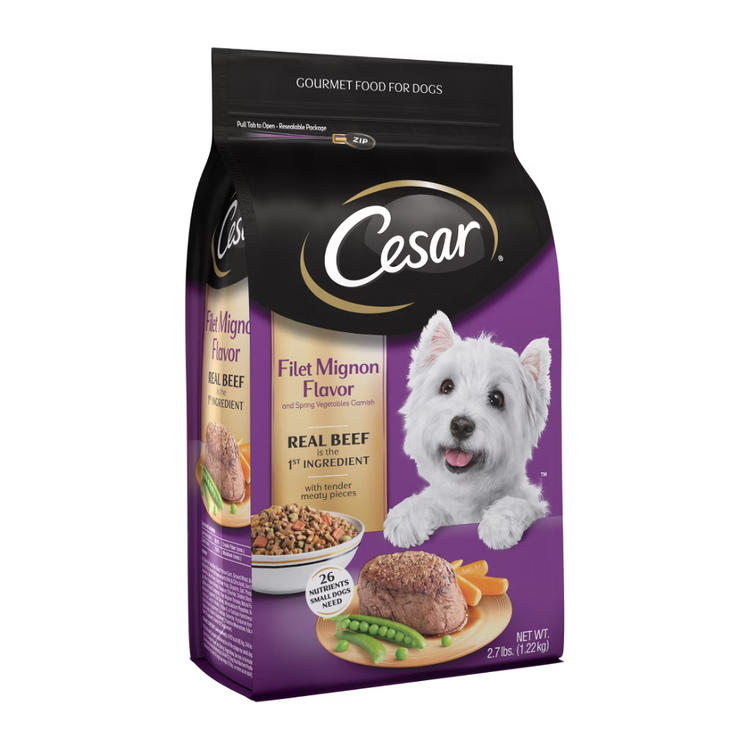 Cesar small breed filet mignon and spring vegetables dry dog food in 2.7 lb bag, premium adult food for small dogs.