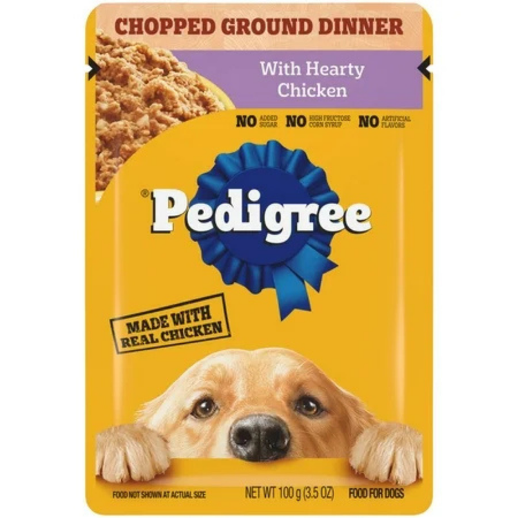 Canned Pedigree Chopped Ground Dinner with Hearty Chicken for pets, 3.5 oz, in a metal can with chicken pieces visible inside.