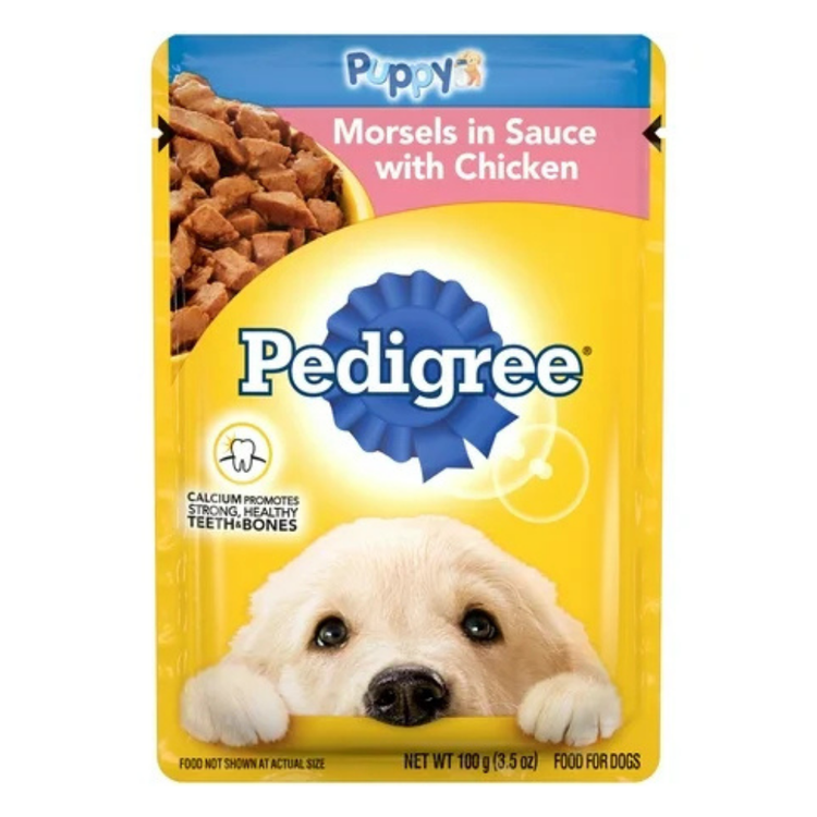Pedigree Puppy Morsels in Chicken Sauce, 3.5oz, soft puppy food in a bowl with visible chicken pieces and sauce.