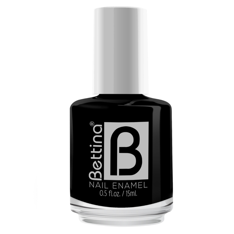 Bettina Onix nail polish bottle by Farmacias Savia with black cap and clear glass showing dark nail polish inside.