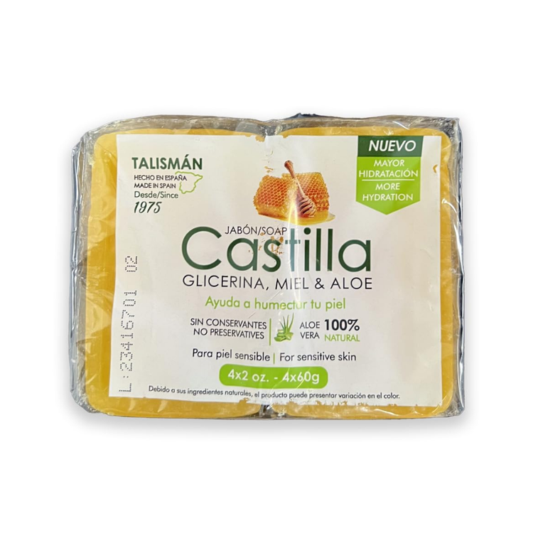 Set of four 2 oz Farmacias Savia Castilla Natural Glycerin Soap bars with honey and aloe vera, for gentle skin cleansing.