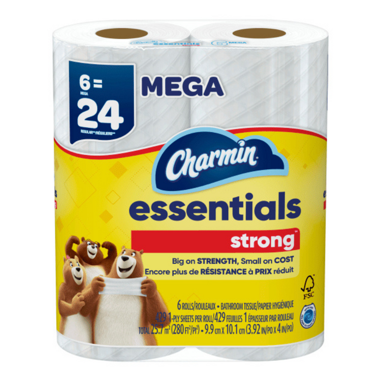 Charmin Essentials Strong toilet paper 6 mega rolls, each with 429 sheets, designed for bathroom use and durability.