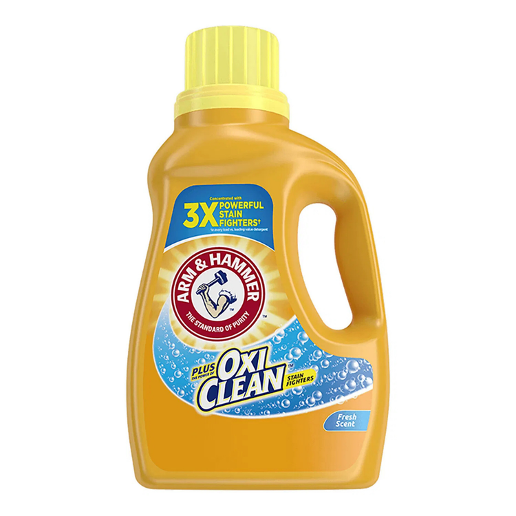 Arm & Hammer Plus OxiClean Fresh Scent Laundry Detergent in 45.5oz bottle, showing the label and cap.