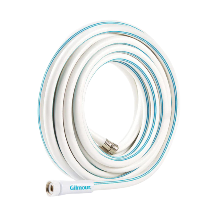 Heavy duty 25ft vinyl garden hose by Gilmour with reinforced construction for durable outdoor watering and gardening tasks.