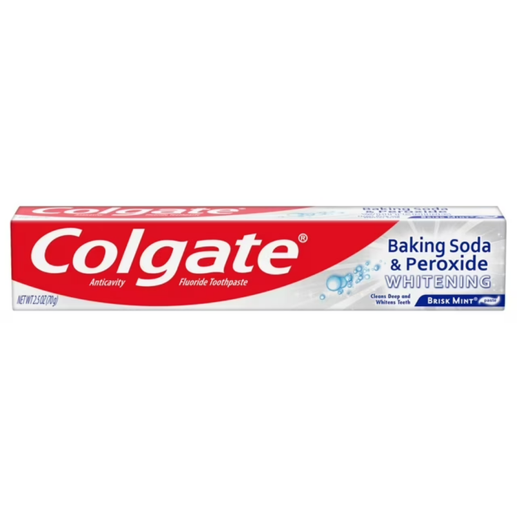 Colgate Baking Soda and Peroxide Whitening Toothpaste in 2.5oz tube, ideal for oral care and teeth whitening.