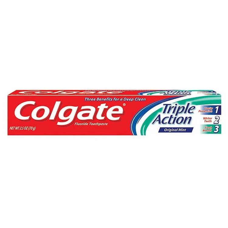 Colgate Triple Action Toothpaste in 2.5oz tube, featuring original mint flavor for oral care and fresh breath.