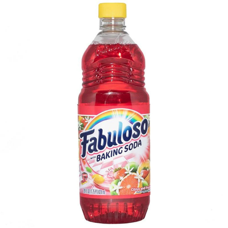 Fabuloso Citrus & Baking Soda multi-purpose cleaner in 28oz bottle, green liquid detergent for cleaning surfaces and kitchens.