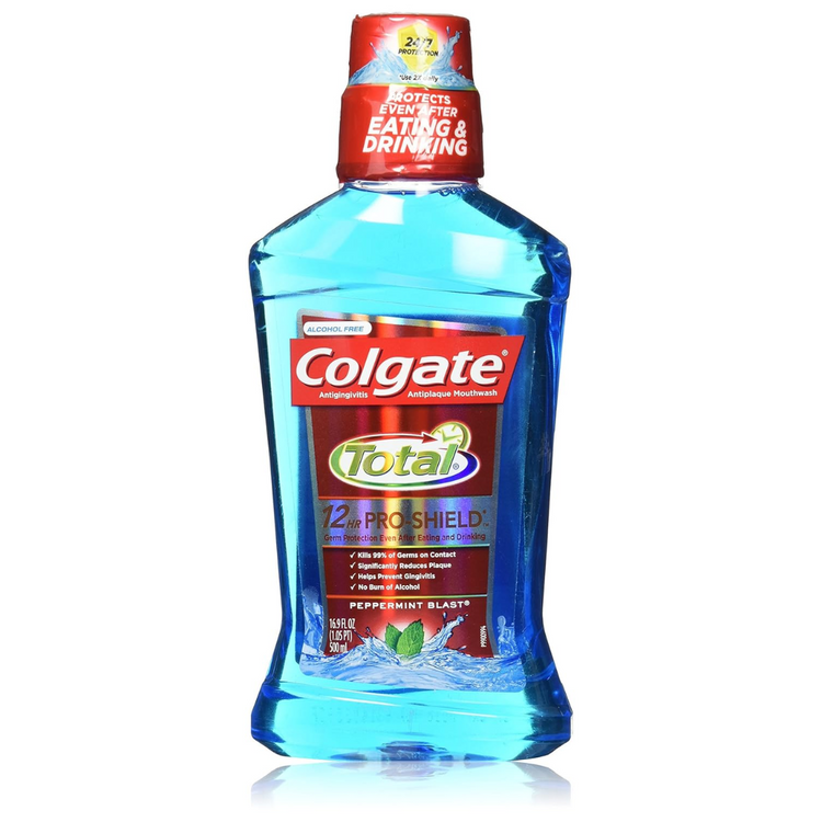 Colgate Total Peppermint Blast Mouthwash in a 16oz bottle, featuring refreshing mint flavor for oral hygiene.
