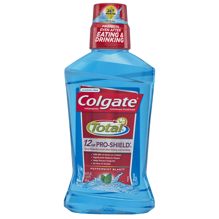 Farmacias Savia Colgate Total Pro-Shield alcohol-free mouthwash in a 16.9 oz bottle, showing the product label and cap.