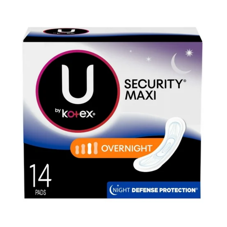 U by Kotex Security Maxi Pads Overnight pack with 14 overnight toallas, designed for reliable protection during sleep