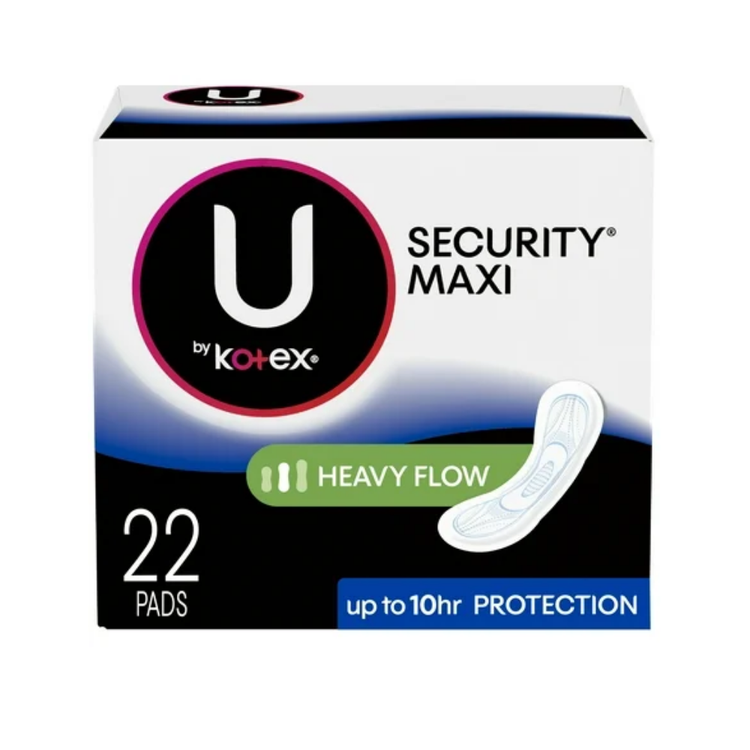 U by Kotex Maxi Pads Heavy Flow Long, feminine sanitary pads for heavy flow, 22-count, with no wings.