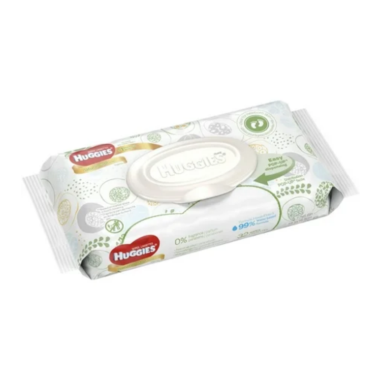 Huggies Natural Care baby wipes in a 32-count pack, gentle and hypoallergenic for sensitive skin, shown in the image.