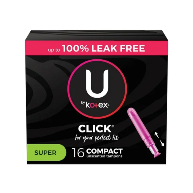 U by Kotex Click Compact Super Tampons, 16-count, with discreet applicator, designed for reliable feminine hygiene.