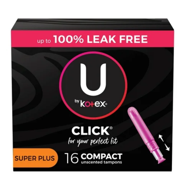 U by Kotex Click Compact Super Plus Tampons, 16-count pack, discreetly displayed with the tampons visible in the image.