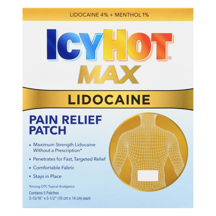 Icy Hot Max Lidocaine Pain Relief Patch by Farmacias Savia, showing five adhesive patches for localized pain relief.