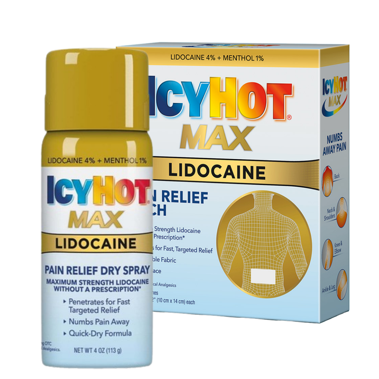 Farmacias Savia Icy Hot Max Lidocaine Pain Relief Dry Spray 4oz bottle, showing the product label and spray nozzle.