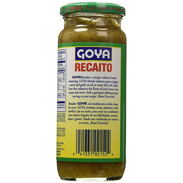Recaito base Goya de culantro, cebolla y ajo en 12 oz jar, fresh ingredients for flavorful Latin cooking.