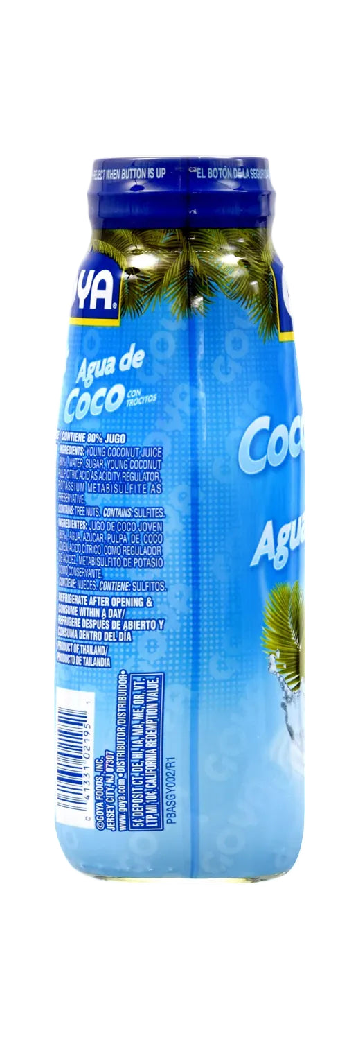 Coconut water with pulp in 13.5 fl oz bottle from Goya, featuring fresh coconut pieces and clear liquid inside a transparent container.