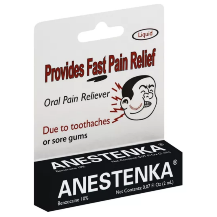 Anestenka Liquid Oral Pain Reliever Benzocaine 10% in 2mL dispenser, used for soothing oral pain, by Farmacias Savia.
