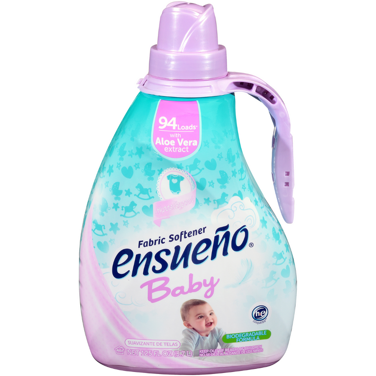 Ensueño Baby Powder Scent Fabric Softener 125oz, four-pack, for softening clothes with a gentle baby powder fragrance.