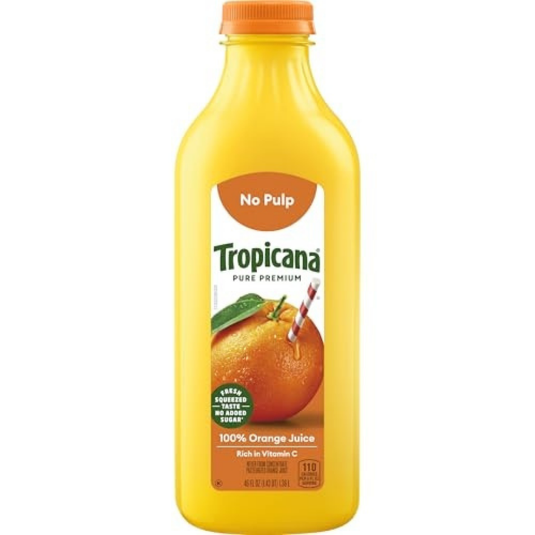 Bottle of Tropicana Pure Premium 100% orange juice no pulp in a 46oz container, with an orange and juice label visible.