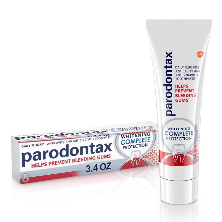 Parodontax Whitening Complete Protection Toothpaste in a 3.4oz tube, designed for oral care and whitening.
