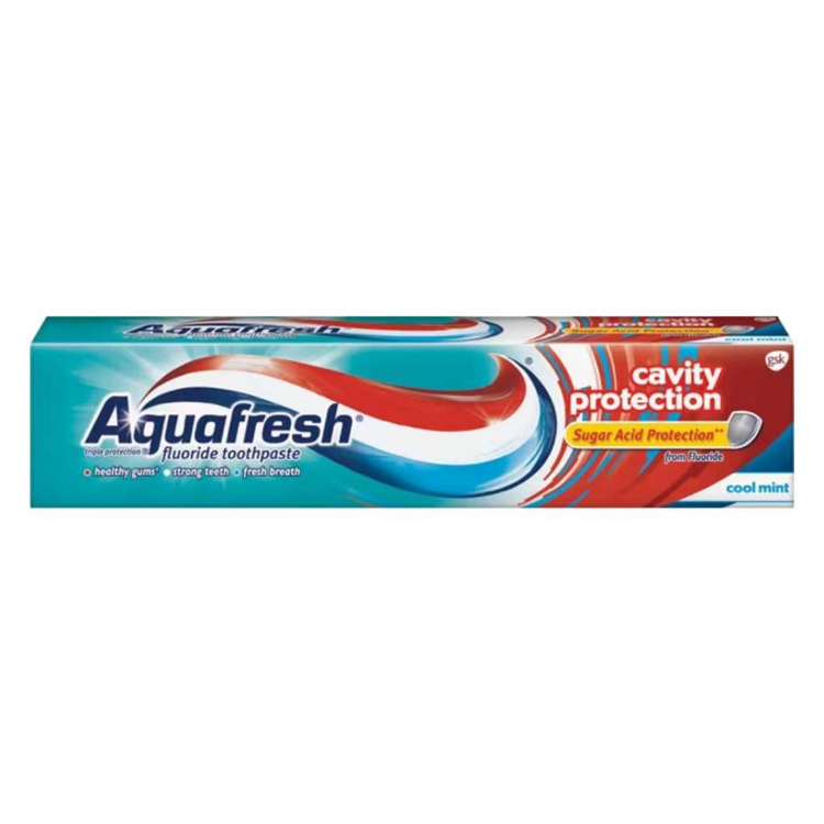 Aquafresh Cavity Protection Fluoride Toothpaste in 5.6oz tube, for oral care and cavity prevention.