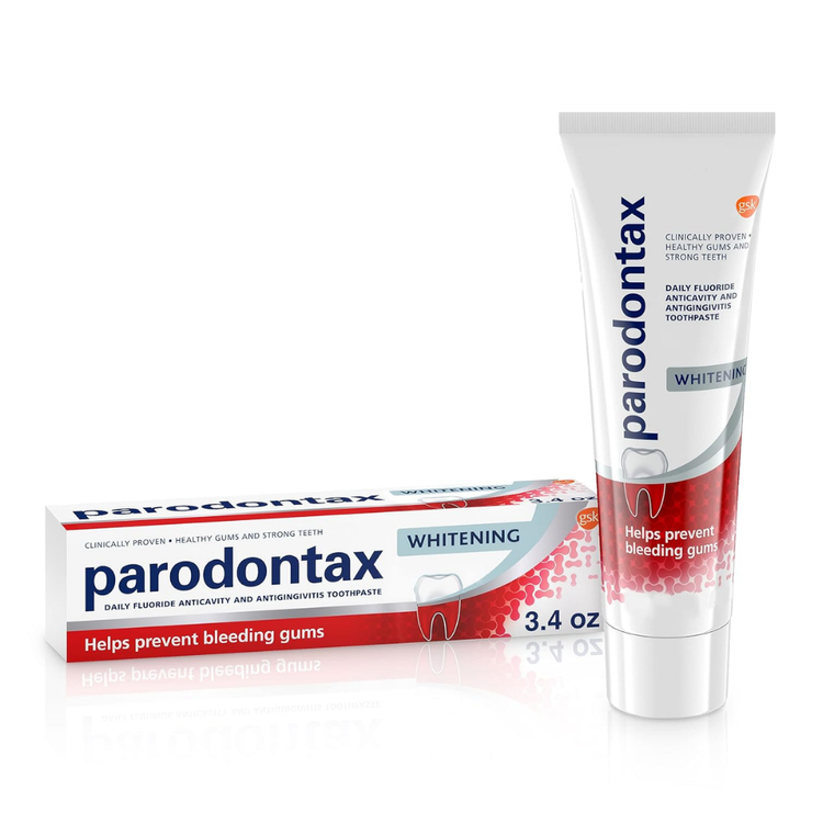 Parodontax Whitening for Bleeding Gums toothpaste in 3.4oz tube showing the packaging and brand label.