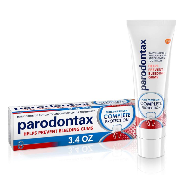 Parodontax Pure Fresh Mint toothpaste for bleeding gums, 3.4oz, natural oral care product showing toothpaste tube with mint flavor.