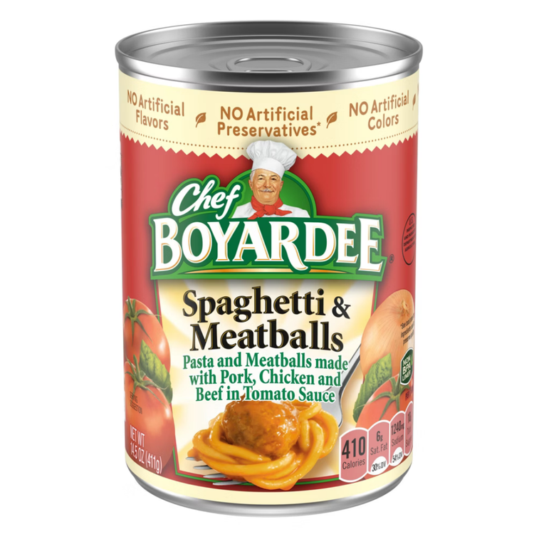 Canned Chef Boyardee Spaghetti in Tomato Sauce, 15oz, with label showing pasta and tomato sauce illustration.