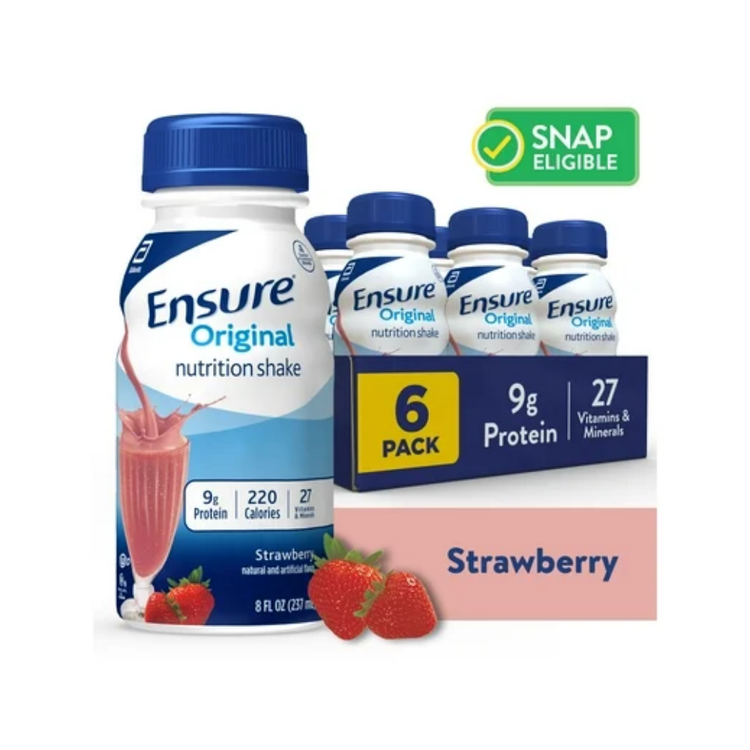 Ensure Strawberry Nutrition Shake 8oz bottles, 6-pack, creamy strawberry flavor, nutritious beverage from Farmacias Savia.