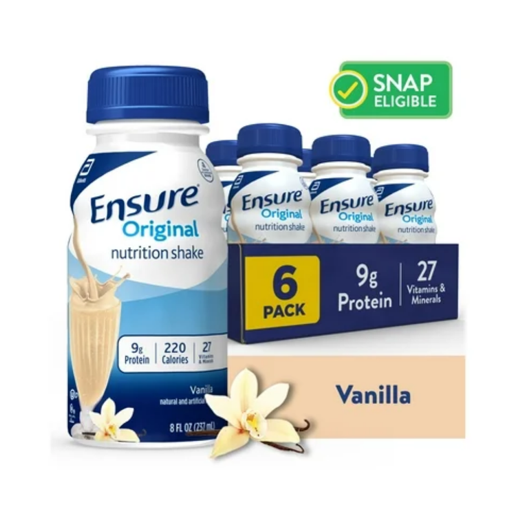 Ensure Original Nutrition Shake Vanilla 8oz bottles, six-pack, creamy vanilla flavor, nutritious beverage from Farmacias Savia.