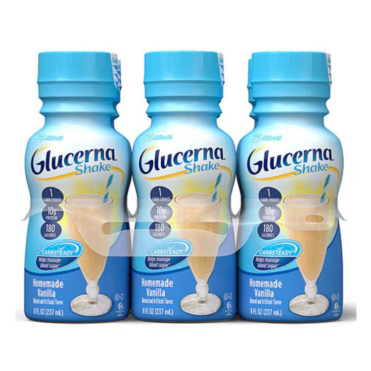 Glucerna Vanilla nutritional supplement 6-pack from Farmacias Savia, showing vanilla-flavored cans with label details.