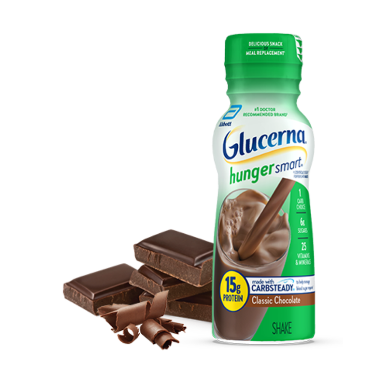 Chocolate Glucerna Hunger Smart Shake nutritional drink by Farmacias Savia, 6-count box, for diabetes-friendly meal replacement.