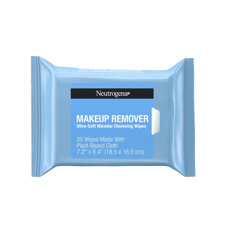 Neutrogena makeup remover cleansing towelettes in a resealable pack, suitable for removing makeup and cleansing skin.