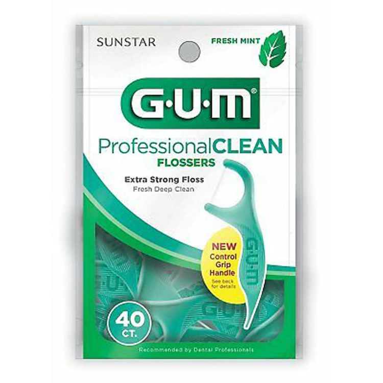 GUM Professional Clean Mint Flossers in a 40-count pack, designed for effective oral care and plaque removal.